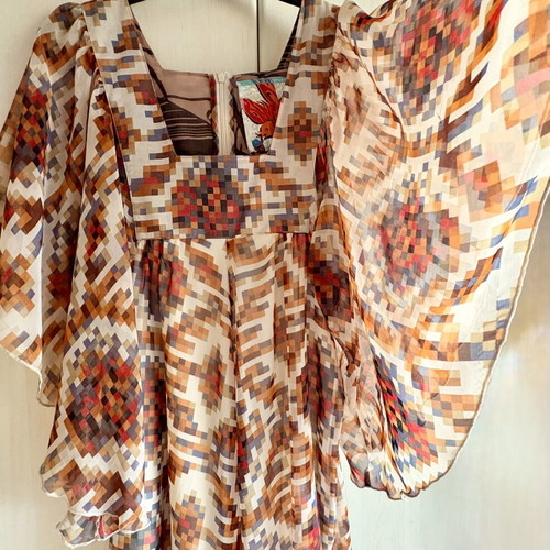 Boho dress with wide batwing sleeves in earthy tones, like new