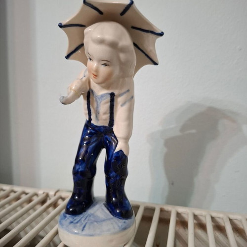 Handmade ceramic figurine girl with umbrella blue Delft like new