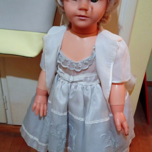 Large vintage doll used with satin dress and red shoes