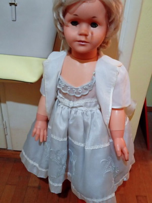 Large vintage doll used with satin dress and red shoes