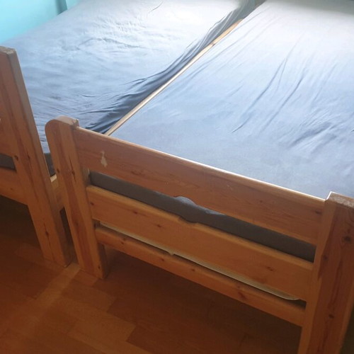 Wooden bunk bed used, solid wood, includes mattresses and nightstands