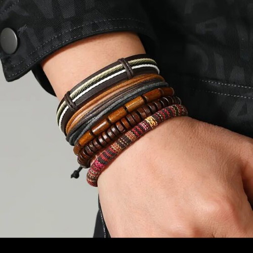Set of 5 men's leather bracelets boho vintage style new, multicolor