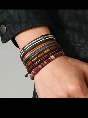 Set of 5 men's leather bracelets boho vintage style new, multicolor