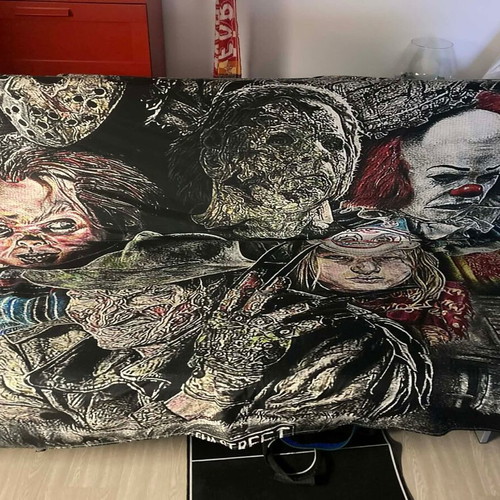 Vintage horror blanket used with graphic print, large 2x2.2m