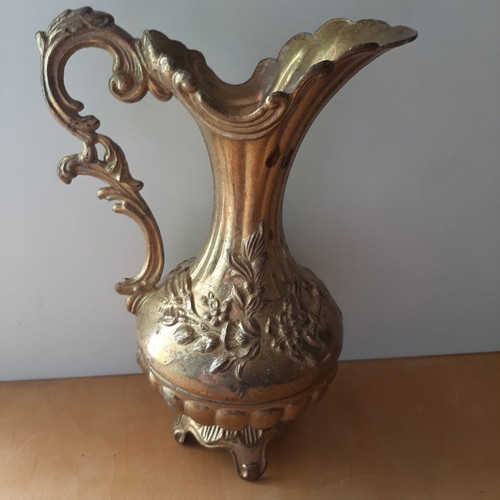 Vintage large metal amphora 24cm used, 1950s-60s brass-tin