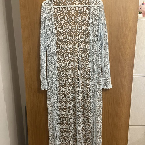 White lace maxi kimono cardigan like new, size M/L, turquoise accents