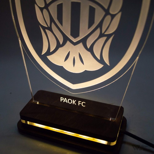 PAOK FC LED lamp handmade with wooden base and Plexiglass new