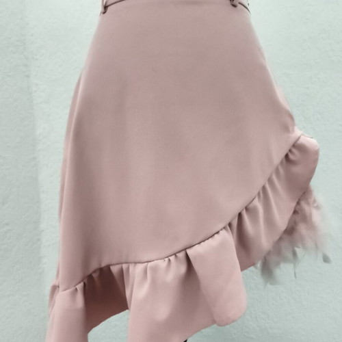 Upcycled asymmetric skirt with ruffles and pink feathers, SBETRO