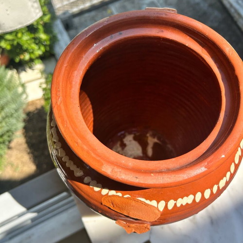 Old traditional ceramic jar used, handmade with lid