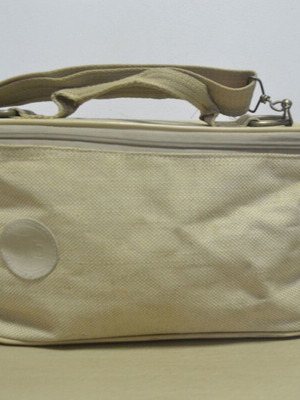 Toiletry bag beige fabric like new, hand and shoulder strap
