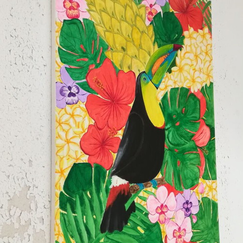 Painting Toucan Parrot with Tropical Leaves and Flowers, Acrylic, New