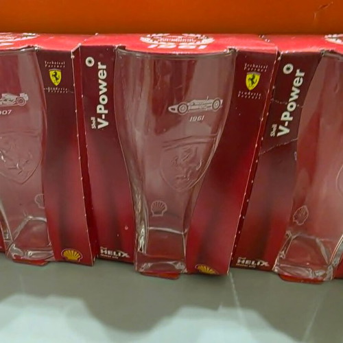 Set of 5 large collectible Ferrari and Athens 2004 glasses