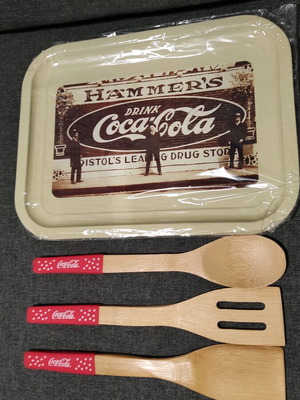 Coca Cola tray and wooden spoons set new
