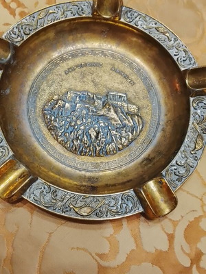 Bronze ashtray used, carved with Acropolis depiction