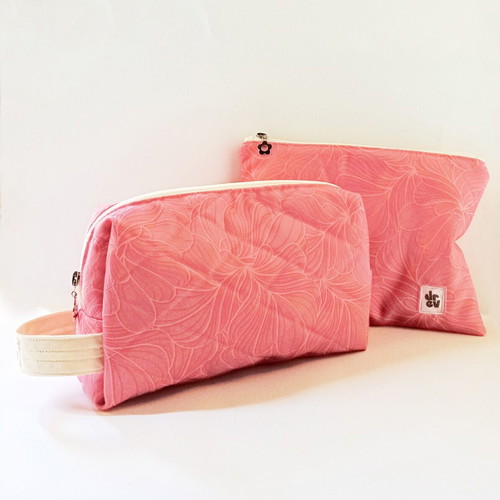 Bloom handmade toiletry set with large pouch and wristlet, pink