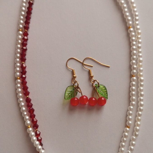 Cherry-themed necklace, bracelet and earrings set, new, gold-colored