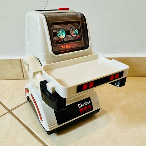 Vintage TOMY 1985 Chatbot Robot toy used with remote and tray