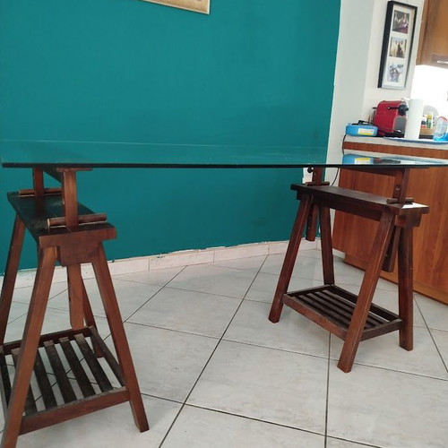 Desk with Glass Top on Two Sawhorses Like New