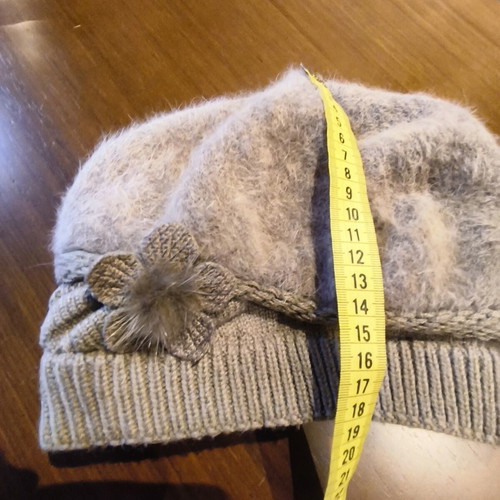 Knitted beret angora style with decorative flower, like new, beige gray