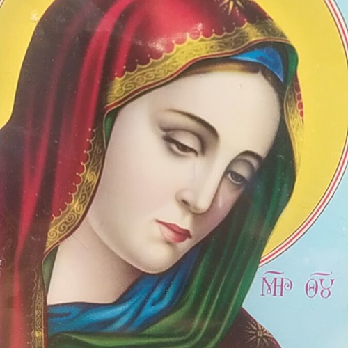 Wooden Handmade Icon of the Nazarene Style with Virgin Mary
