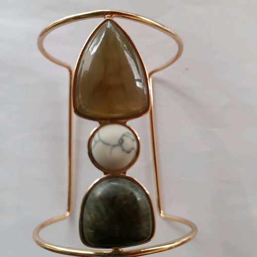 Cuff bracelet large with 3 semi-precious stones new, multicolor gold