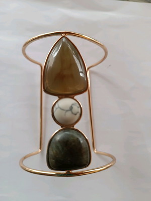 Cuff bracelet large with 3 semi-precious stones new, multicolor gold