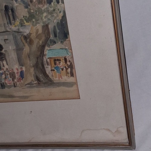 Evangelos Klonaridis Signed Watercolor Greek Festival Monastery Scene