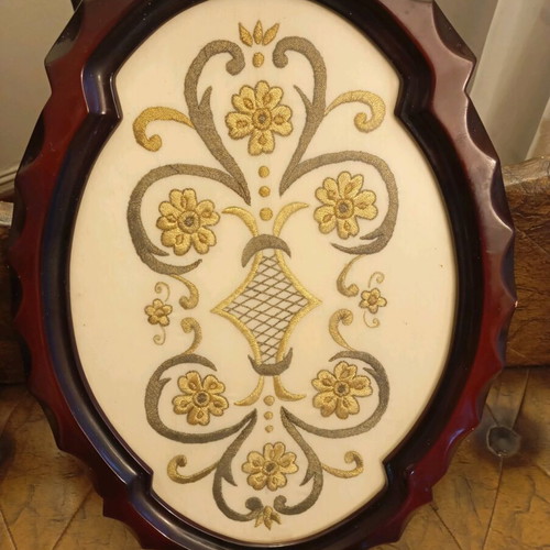 Oval wooden antique tray with handmade embroidery, like new