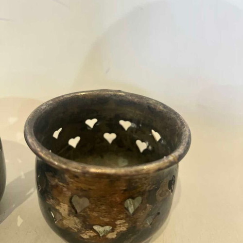 Vintage set of 2 silver-plated tealight candle holders with heart cutouts used