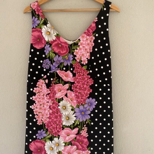 80’s Maxi Floral Handmade Dress like new, black polka dot with multicolor flowers