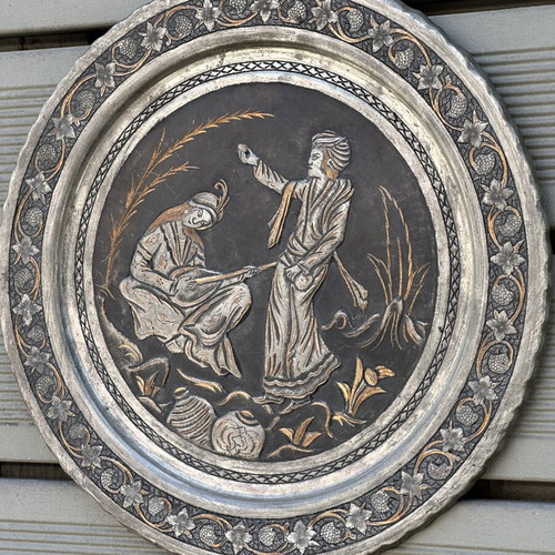 Handmade copper decorative wall plate used with traditional embossed design