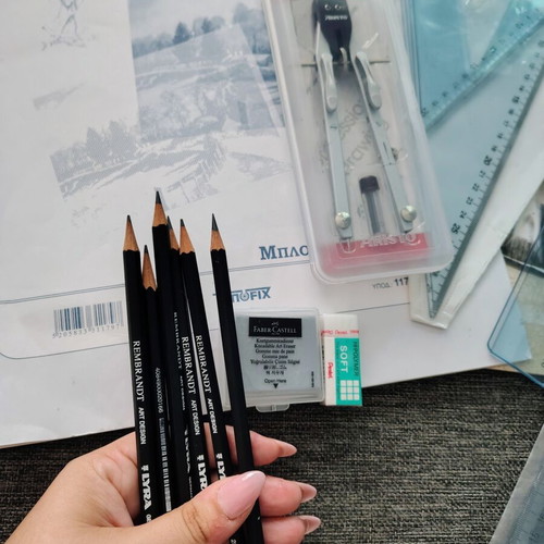 Drawing set like new with A3 pads, rulers, compass, pencils, erasers