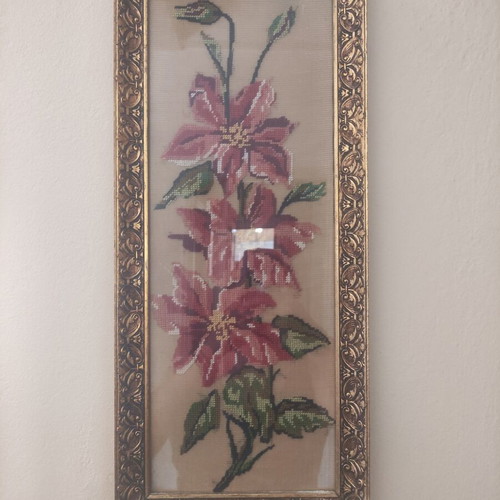 Vintage Gobelin embroidery textile painting 'Lilies' with gold frame