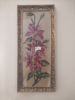 Vintage Gobelin embroidery textile painting 'Lilies' with gold frame