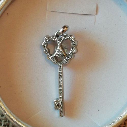 Charm stainless steel key necklace new silver with blue and clear zircon