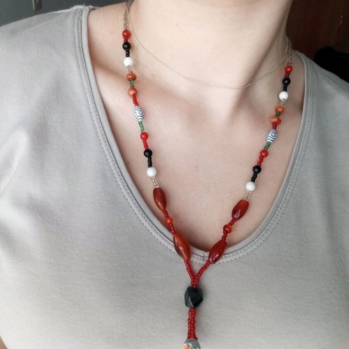 Handmade necklace with colorful gemstones and red beads new