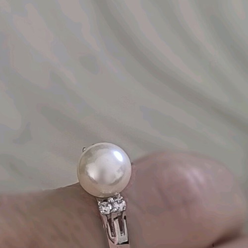 14K White Gold Ring with Real Pearl and Zircon New