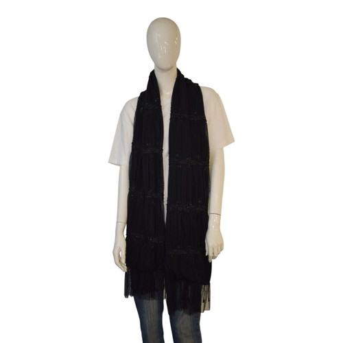 Vintage black silk chiffon scarf with bead embroidery used