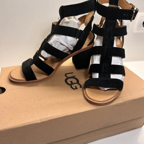 Ugg Macayla Leather Heeled Sandals black suede size EU 38.5 like new