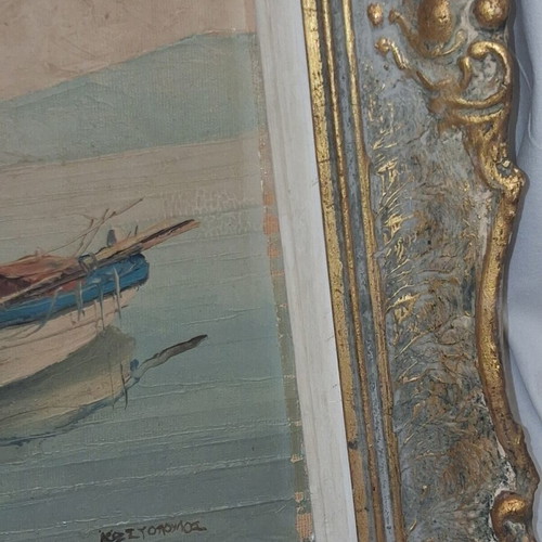 Kostopoulos Old Greek Seascape Oil Painting on Canvas with Embossed Frame