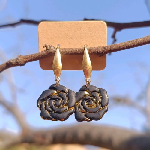 Rose earrings handmade new, black and gold