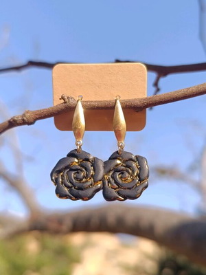 Rose earrings handmade new, black and gold