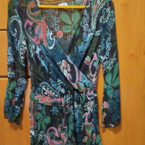 Blouse used, colorful transparent with crossover neckline and lace pattern, size L