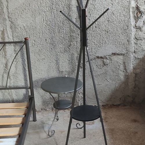 Metal double bed, nightstand and coat rack set like new