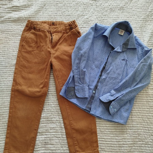 Boys' shirt and pants set like new, size 4-5 years, blue and brown
