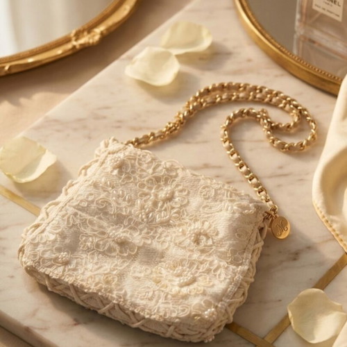 Vintage handmade crossbody bag with lace, pearls and gold chain like new, white