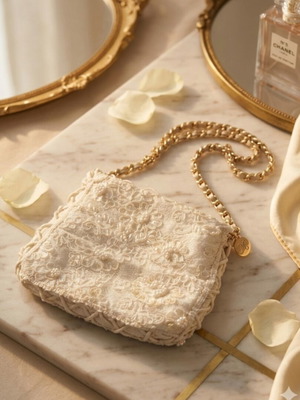 Vintage handmade crossbody bag with lace, pearls and gold chain like new, white