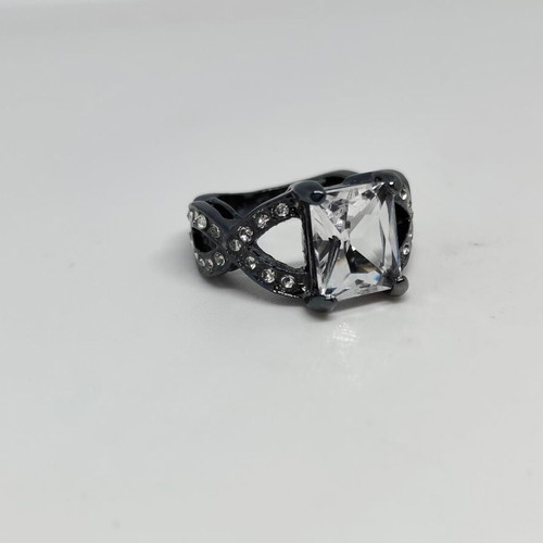 Black ring with large emerald cut crystal, like new