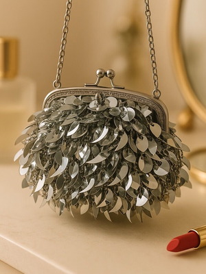 Evening bag with silver sequins and chain like new
