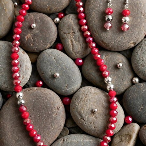 Handmade crystal beaded red color necklace and earrings set